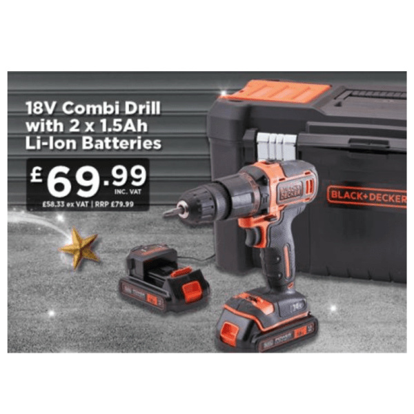 Black & Decker 18V Combi Drill with 2 x 1.5Ah Li-Ion Batteries