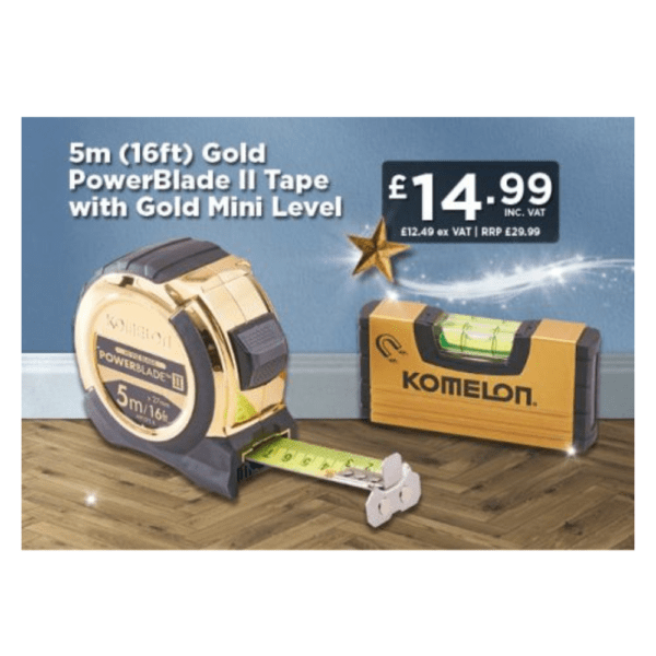 Komelon 5m (16ft) Gold PowerBlade II Tape with Gold Mini Level