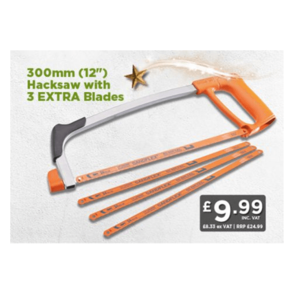 Bahco 300mm (12″) Hacksaw with 3 EXTRA Blades