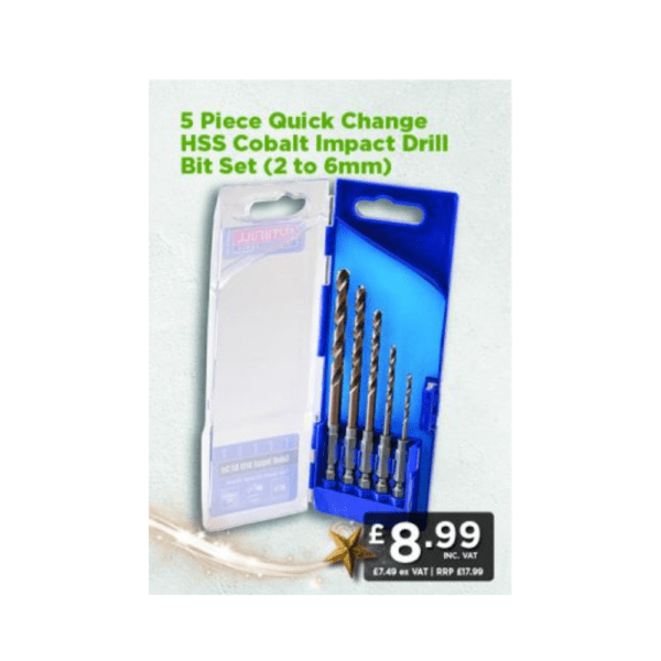 Faithfull 5 Piece Quick Change HSS Cobalt Impact Drill Bit Set (2 to 6mm)